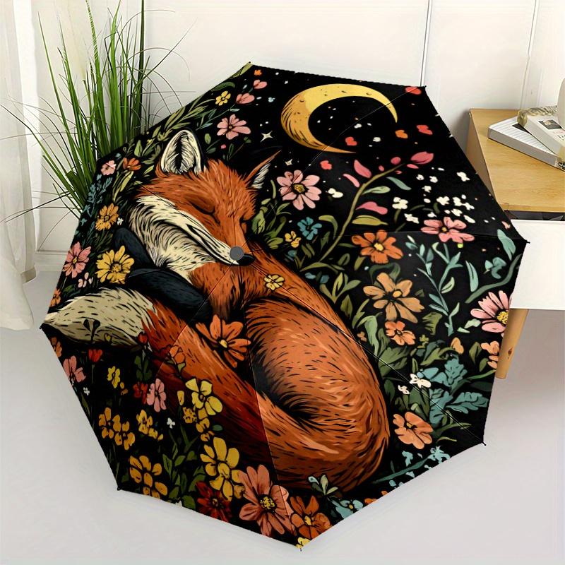1pc Automatic Open/Close Umbrella with Fox In Flowers Moon Night Design - Auto Umbrella with 8-Rib Sturdy Frame, Compact Trave