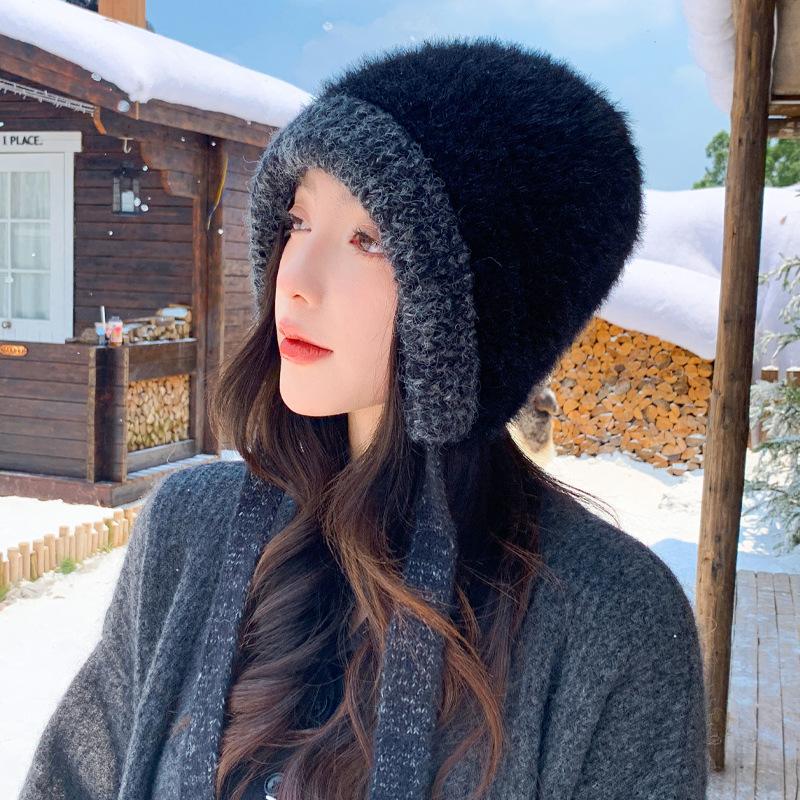 Autumn and Winter Hats for Women Windproof and Warmth Thickened Knitted Wool Hats Fashionable and Versatile Casual Big Head Ear Protection Hat