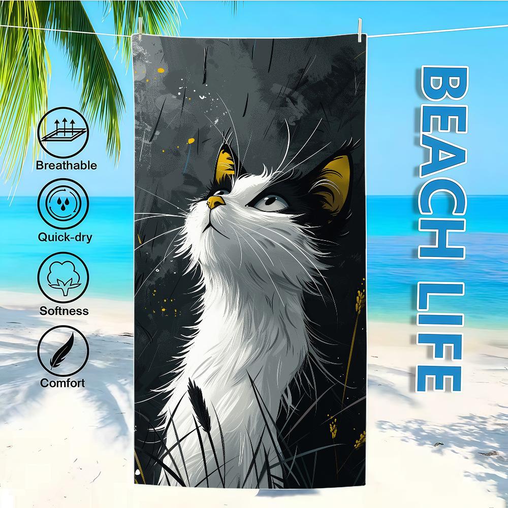 

Towel Textile Bathrobe Beach Quick-Drying Lightweight Looks Cat Cool Portable Up Camping Swim Pool Travel W30*H60(CM)