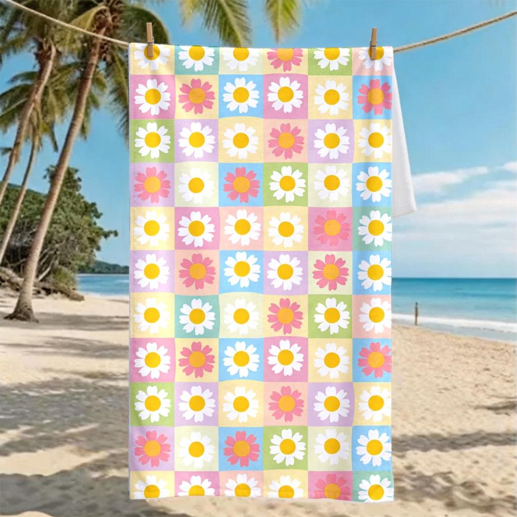 1PC Daisy Print Beach Towel, Durable Machine Washable, Unisex Universal Towel for Daily Summer Outdoor