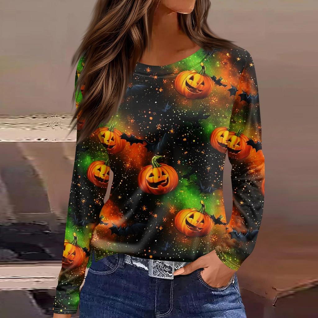 Women's Fashion Hem Slit Casual Halloween Printed Round Neck Long Sleeve Top
