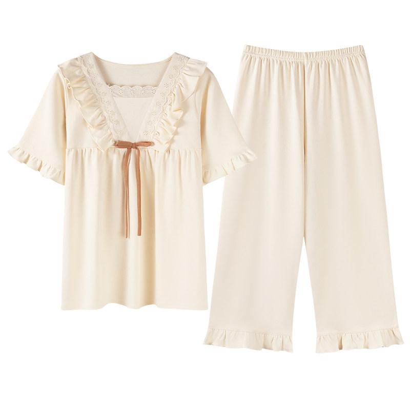 Pure cotton pajamas women's summer short-sleeved cropped pants princess style Korean version women's summer can wear loose loungewear