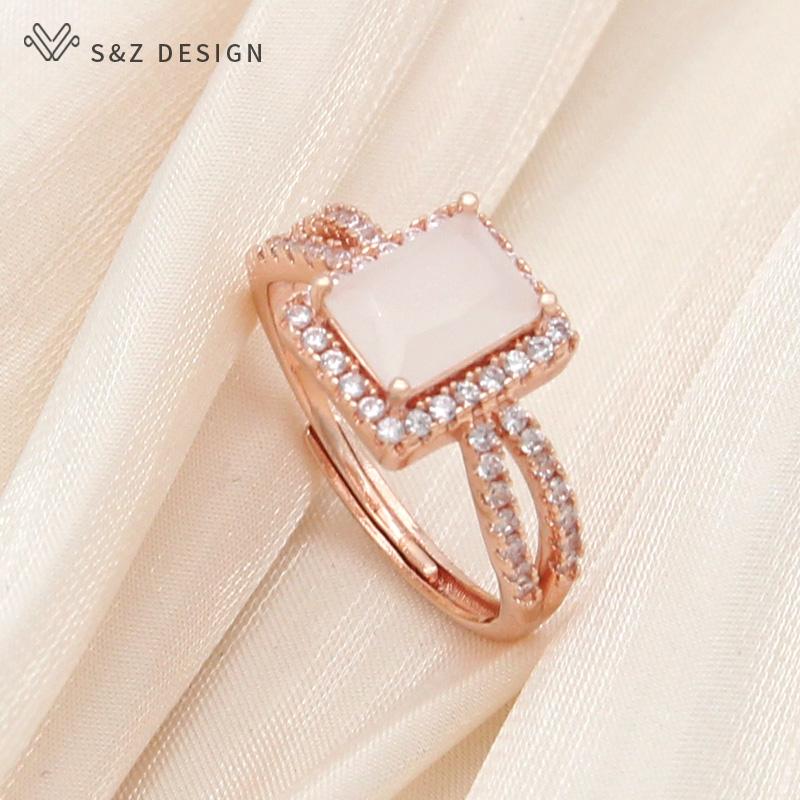 Trendy Luxury Rectangle Crystal Resizable Rings For Women Wedding Party Fashion Rose Gold Color Cubic Zirconia Jewelry Gift