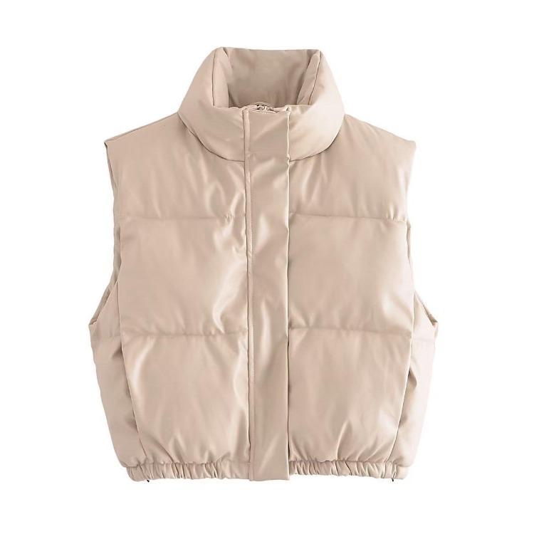 Women Winter Short Coat Cotton Imitation Leather Vest Pure Color Autumn Fashion Outerwear
