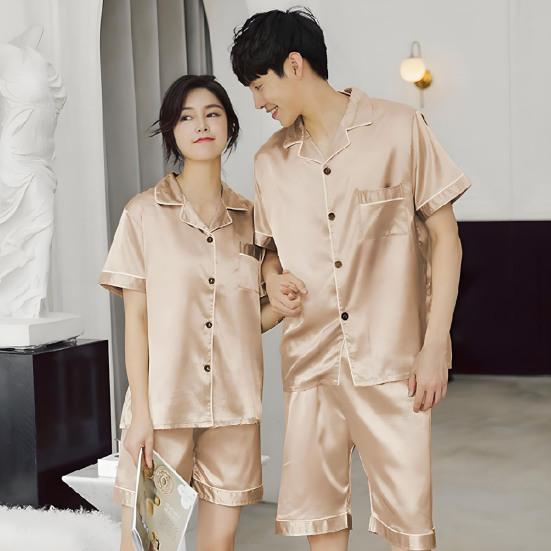 2 st/set Pyjamasset i imitationssilke Revers Kortärm Knappslå Skjorta Elastisk midja Shortsset Sommar Sval Sovkläder