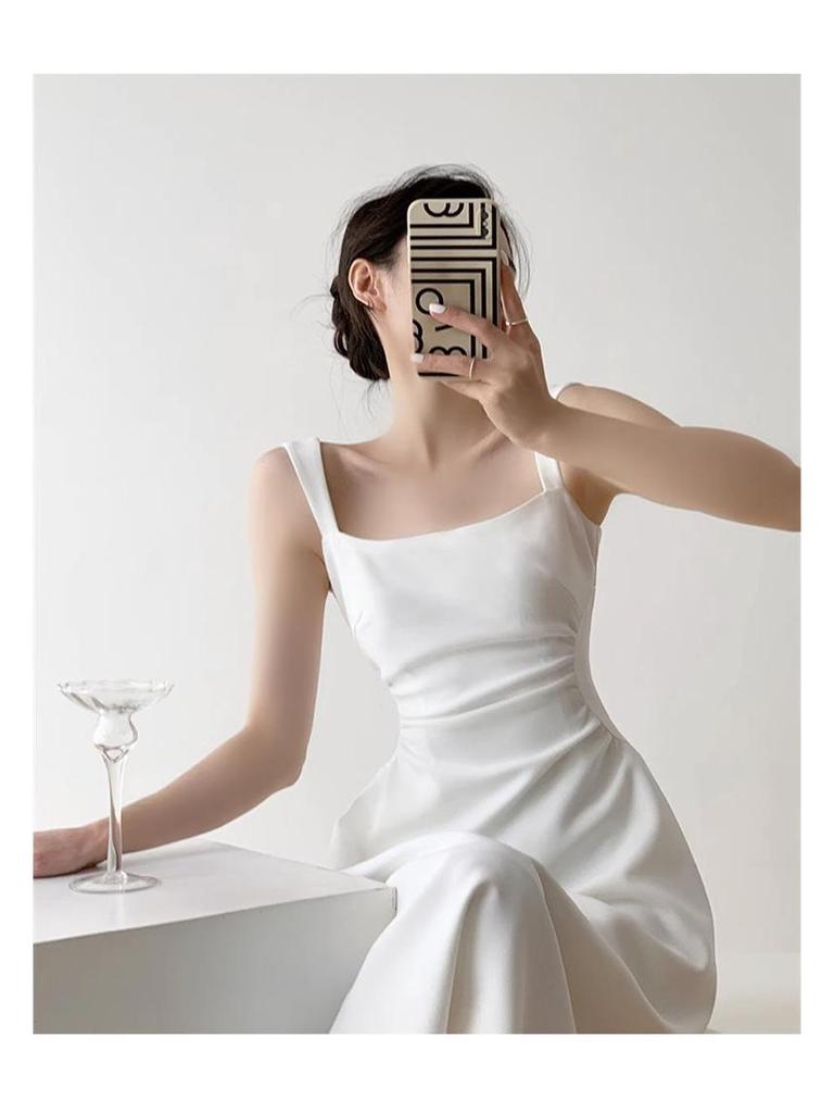 Women's Solid Color Waist-Cinching Short-Sleeved Dress for Summer Graduation, Engagement Party, and Everyday Wear