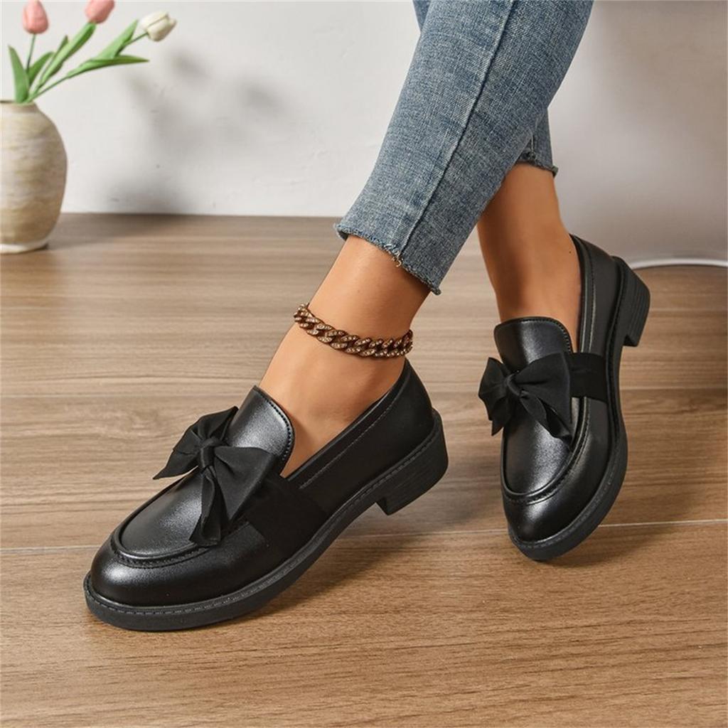 Modische Damen-Loafer mit Rundspitze und Schleife, Übergröße, Kleine Lederschuhe