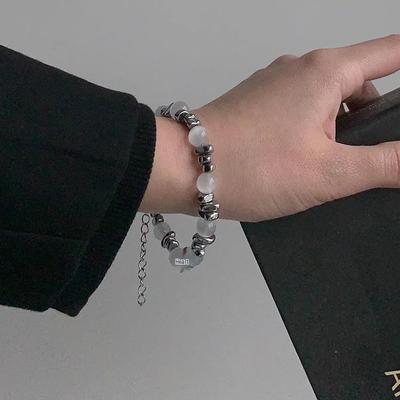 Unisex Silver Beaded Patchwork Cat's Eye Bracelet: Trendy Design for Men and Women