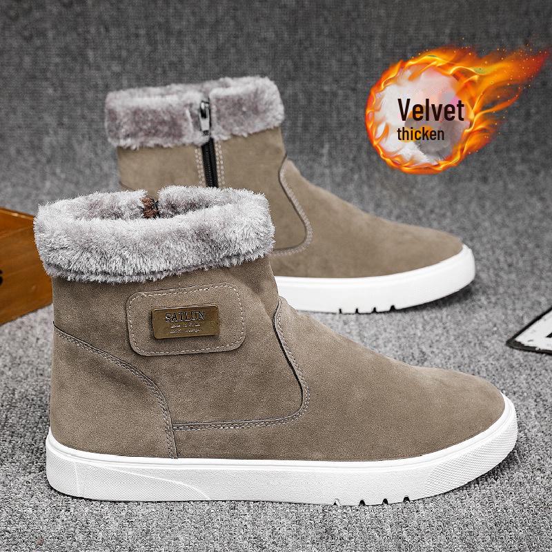 Men's High-Top Snow Boots - Velvet-Lined, Warm Leather, Fur, Slip-On, Winter Cold-Proof.