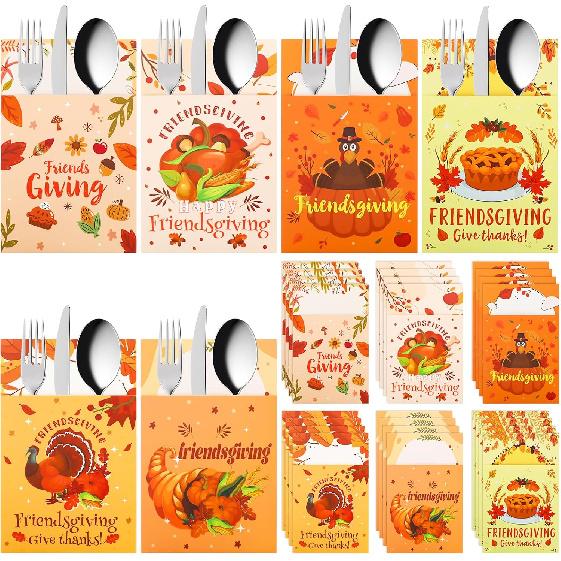 24 Pcs Friendsgiving Decorations Cutlery Holder Set, Thanksgiving Utensil Holder Pockets Table Decor for Friendsgiving Fall Autumn Harvest Party