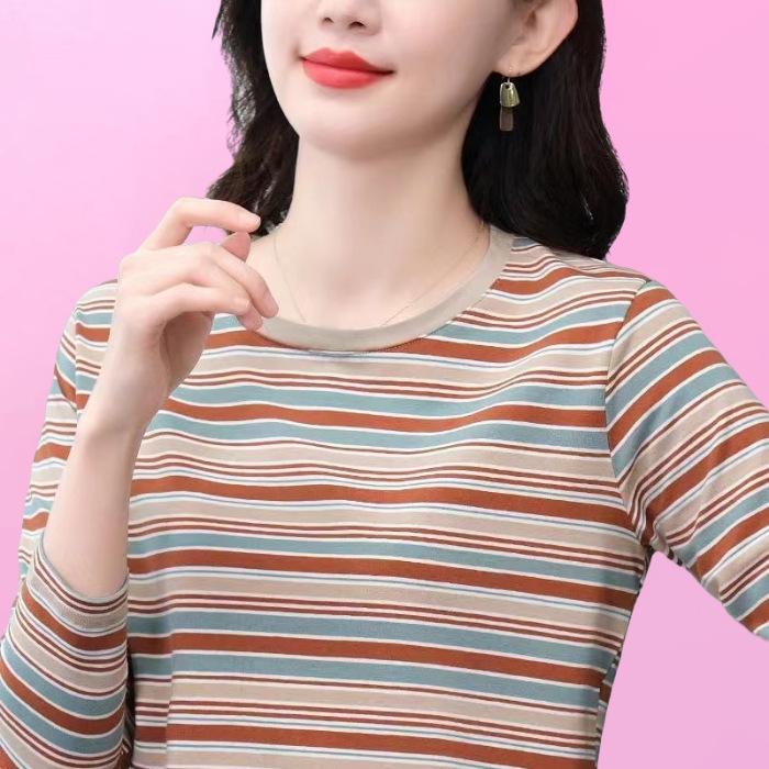 

Базовая футболка для женской весенне-осенней одежды Новая футболка с длинным рукавом Полосатая футболка Модная футболка с круглым вырезом Мамина футболка 4XL