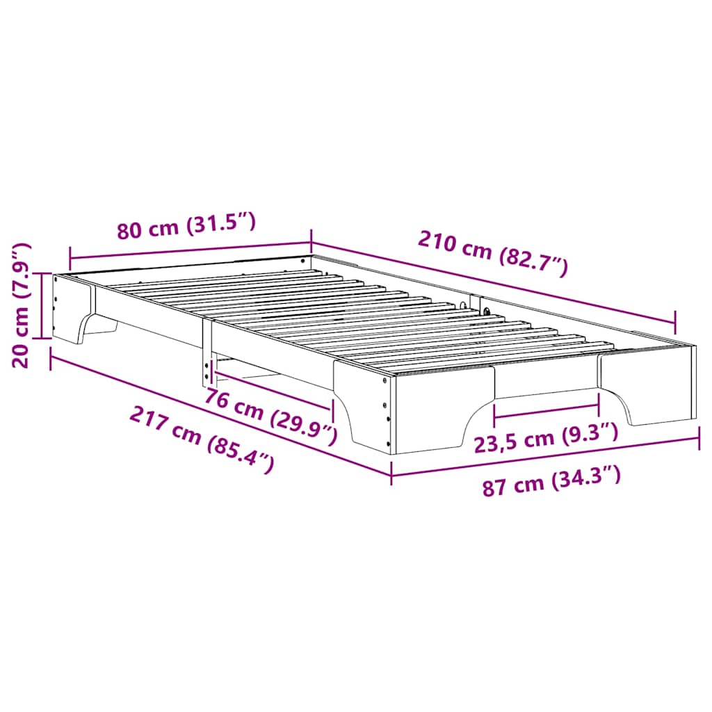 White Bed Frame 80 x 210 cm Solid Pine Wood