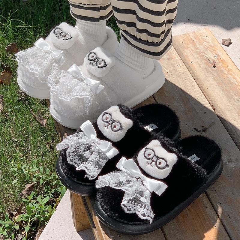 New Cartoon Warm Home Cotton Slippers Lace Bow Winter Non-slip Light Soft Plush Couple Cotton Shoes