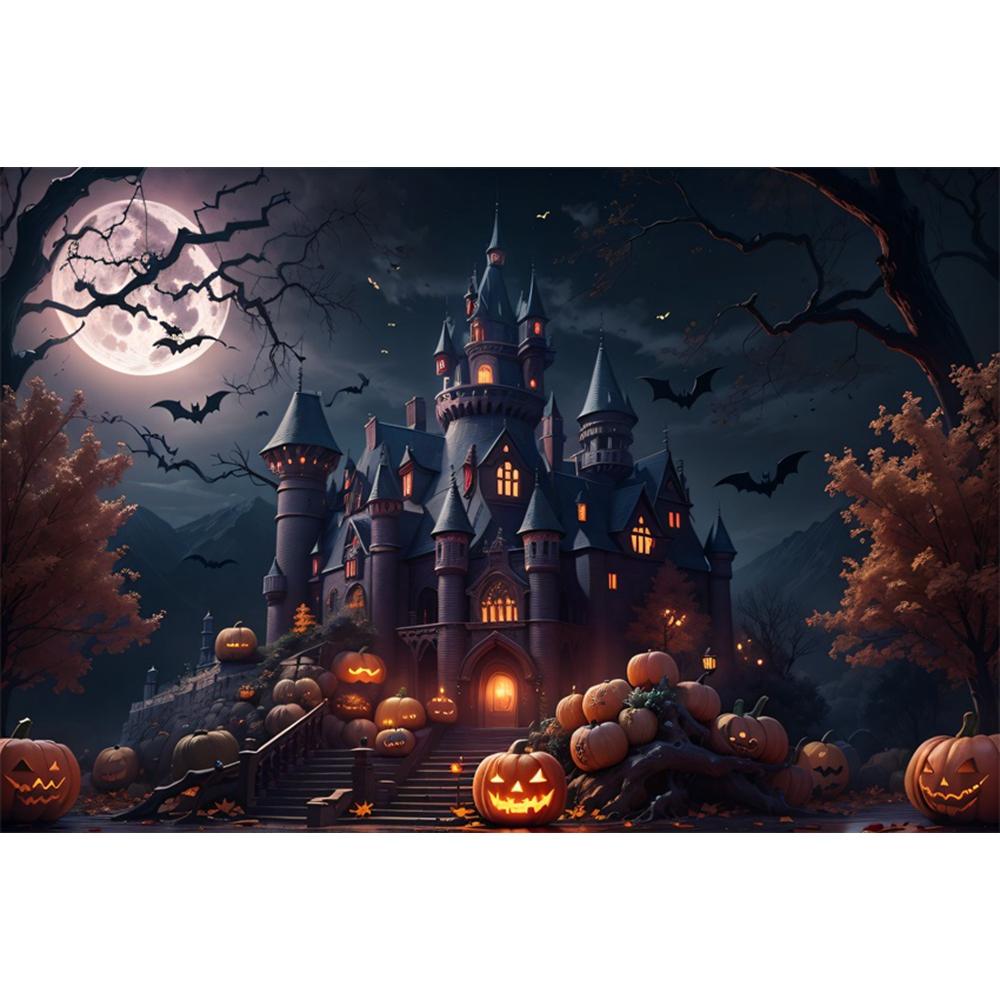 1pc Halloween Party Backdrop Moon Gothic Castle Evil Pumpkin Waterproof Banner for Halloween Themed Party Background Decoration