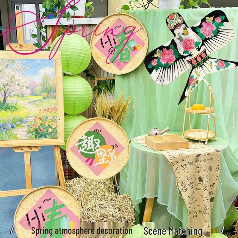 Spring Bamboo Plate Hanging Ornament Set for Teahouse and Homestay Decor & Photography Backgrounds