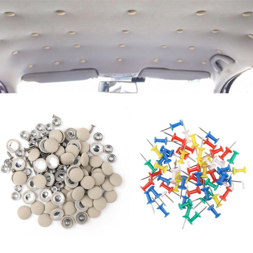 Car Interior Trim Clips 60PCS Set Beige Fabric Coated Metal Roof Headliner Retainer Rivets Anti-Rust OEM Style Install with Tool