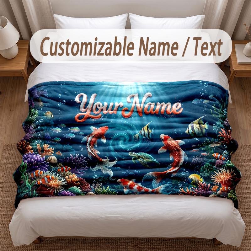 Fish Ocean Theme Soft Blanket Personalized Custom Name Text Print Warm Blanket Home Sofa Bedroom Decor
