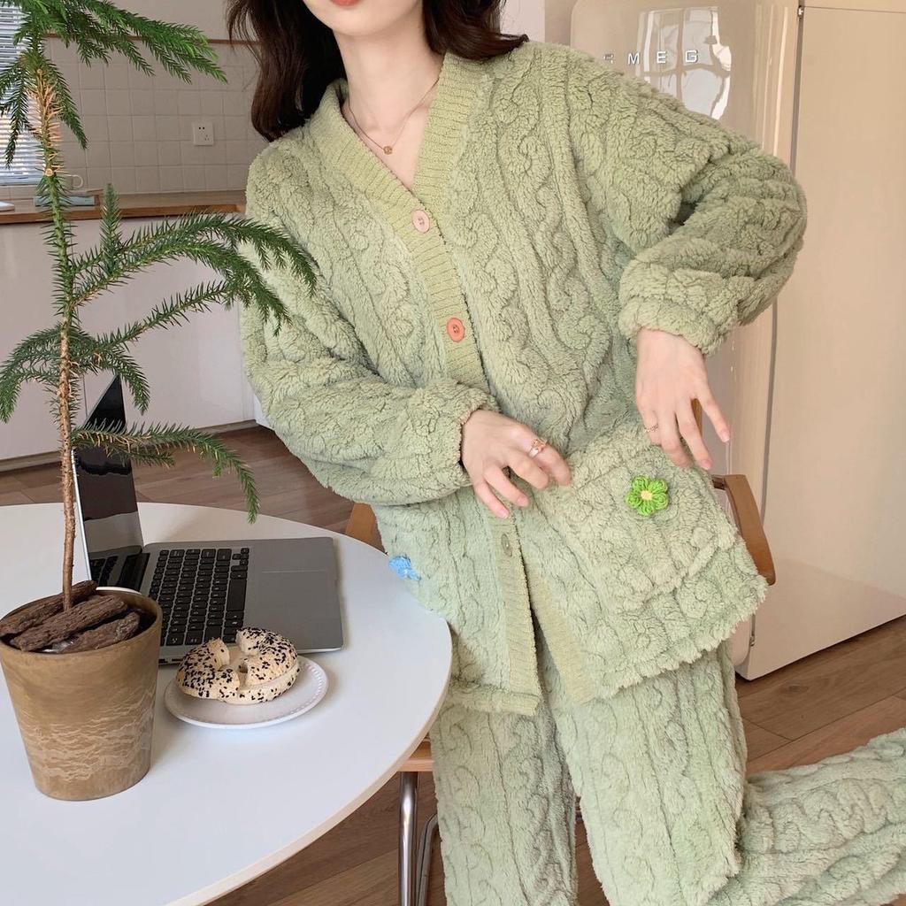 2025 Women's Autumn/Winter Flannel Jacquard Coral Fleece Pajama Set - Long Sleeve Cardigan
