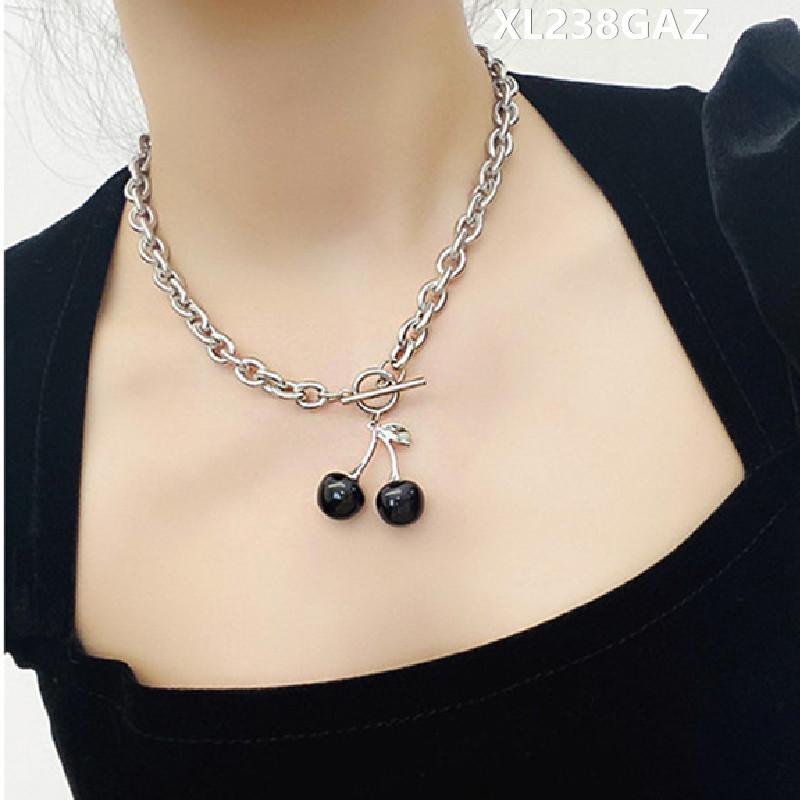 Women's Hip Hop Style Black Cherry Titanium Steel Clavicle Necklace - Versatile and Cool Fashion Accessory.