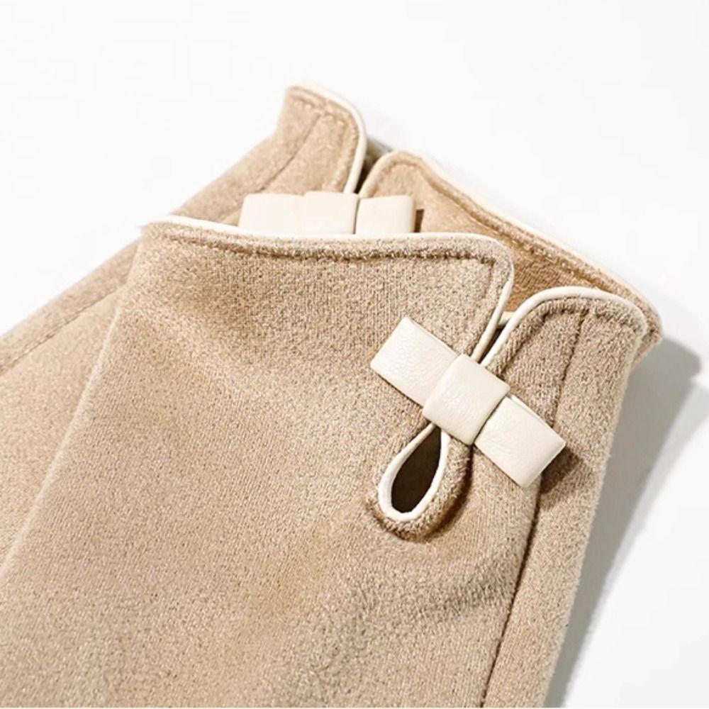Velvet Winter Bow Suede Gloves Soft Women Cycling Mittens Cute Pu Leather Gloves  Outdoor
