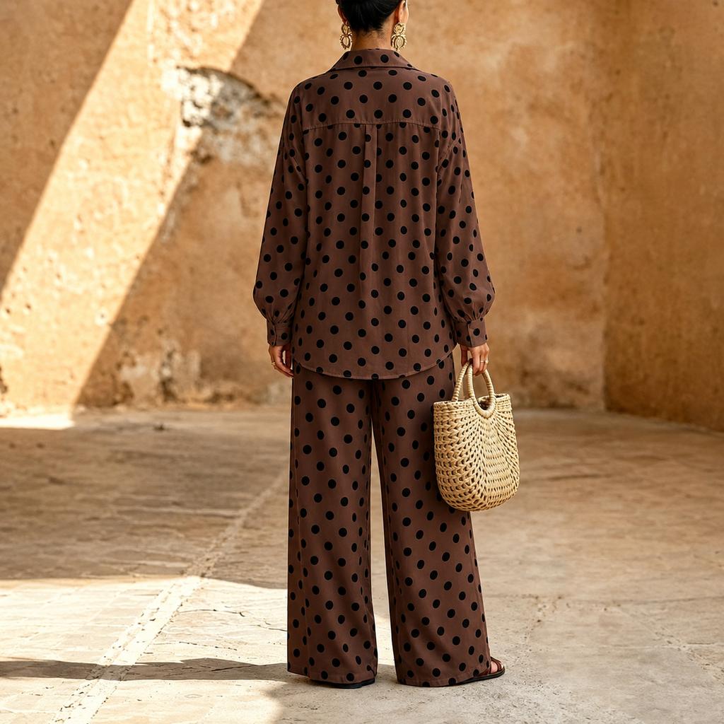 Damen Zweiteiler mit Polka Dots Langarm Locker geschnittenes Hemd mit elastischem Bund Weite Hosen Set
