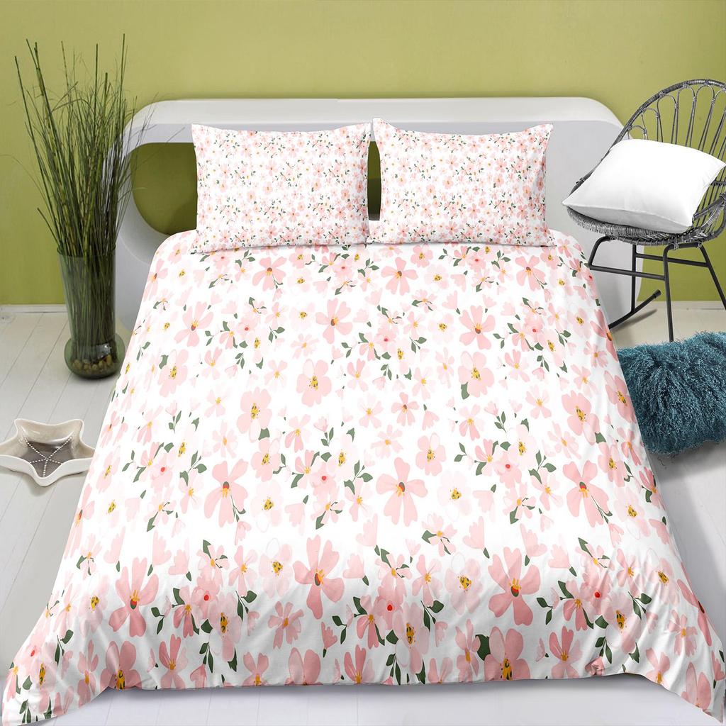 Small Floral Duvet Cover Queen King Size Pink Floral Blossom Theme Bedding For Girls Women Soft Microfiber 3 Pcs Super Soft