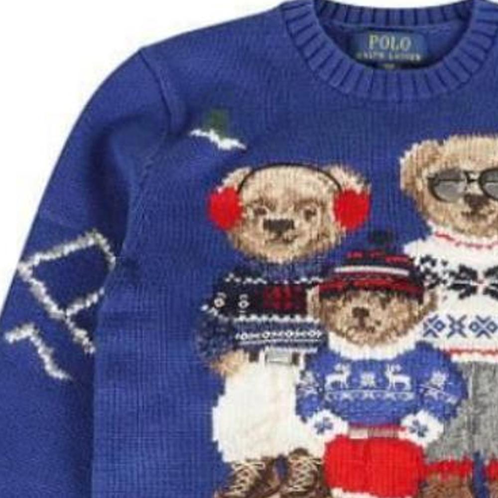 Polo Ralph Lauren Sweater Kids Bear Embroidery Pattern Crew Neck Pullover Long Sleeve Kids Sweater Blue 323951422-001