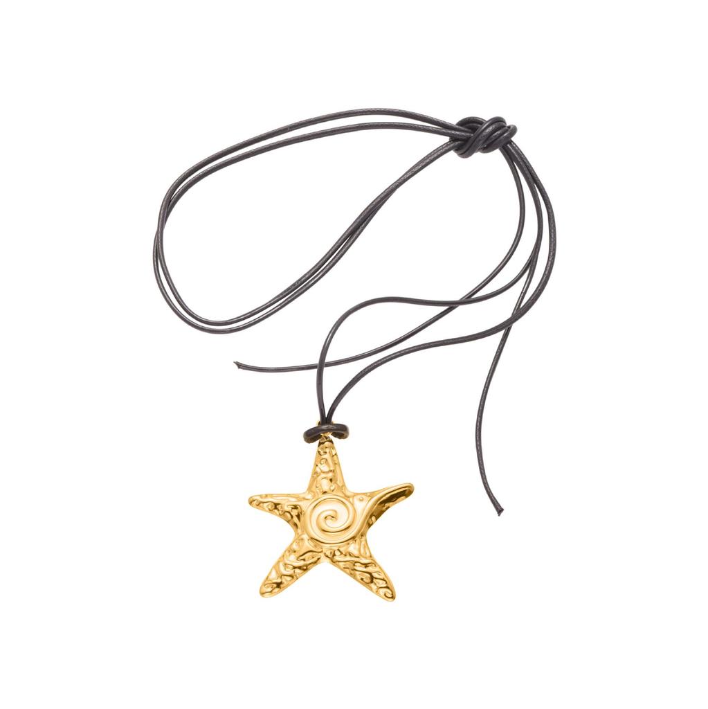 Oumaijia 18k Guldpläterad Sjöborre Hänge Halsband med Svart Läderhalsband - Europeisk och Amerikansk INS Stil.