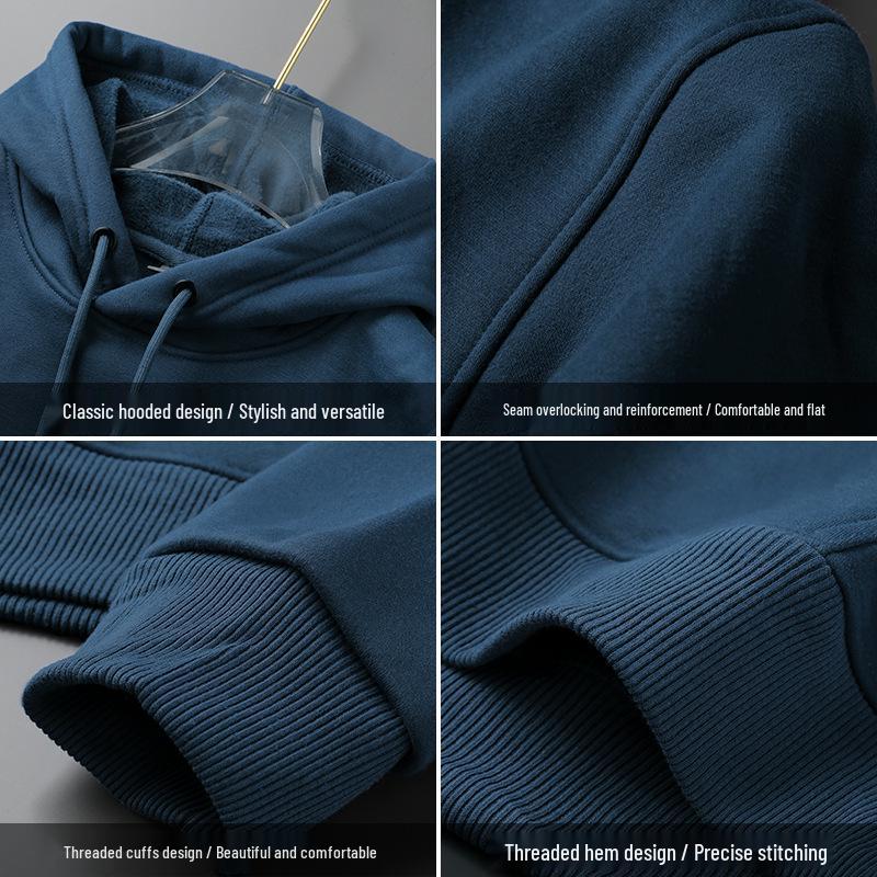 Men's Heavyweight Cotton Long-Sleeve T-Shirt with Plus Velvet Hood - Autumn/Winter Loose Base Layer Top