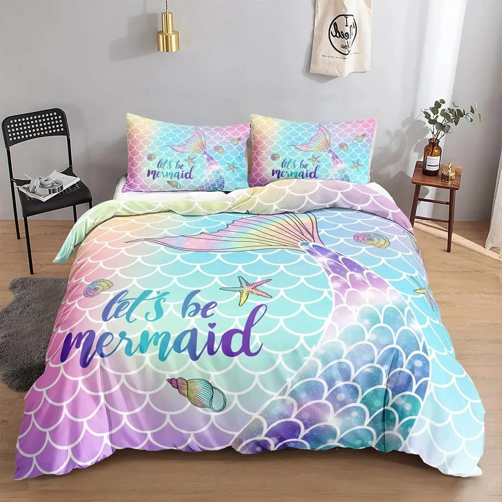 Mermaid Duvet Cover Set,Starfish Blue Undersea Style Dreaming Fairy Tale Bedding Set Girly Comforter Cover Bedroom Decor Gifts