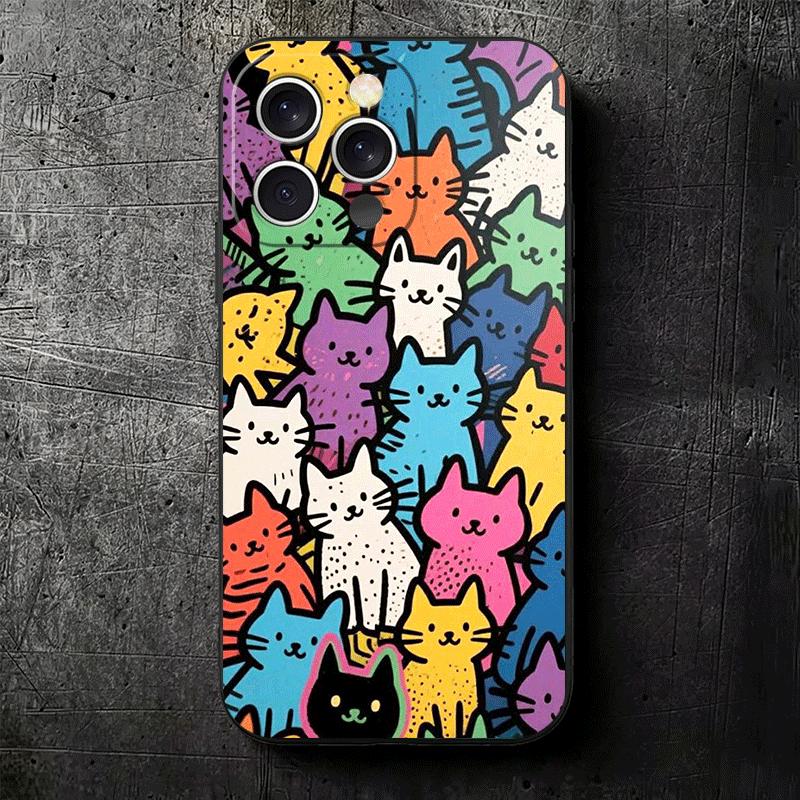 Cartoon Cute Cats Theme Soft Phone Case for iPhone 16 16E 17 Air 15 Pro Max 14 Plus 13 Mini 11 12 7 Black Cover Back Shell