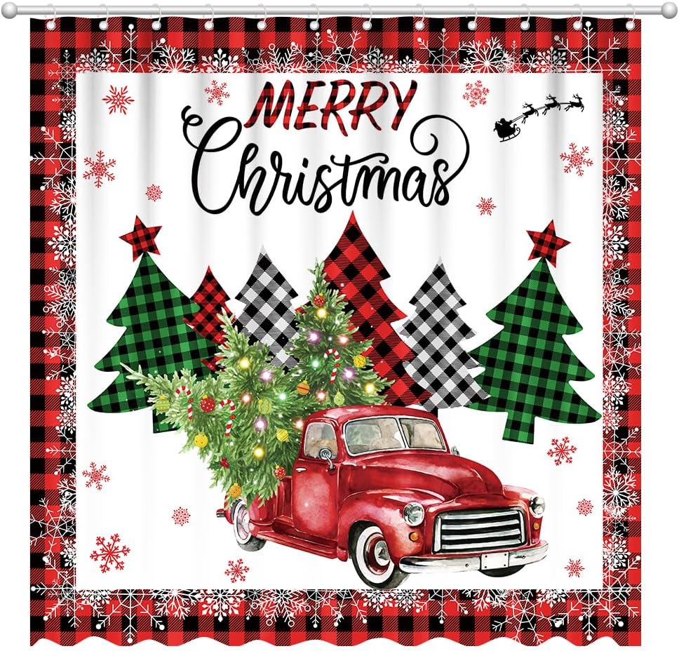 Merry Christmas Truck Shower Curtain  Buffalo Plaid Xmas Trees Home Bathroom Decorations Winter Snowflakes Farmhouse Bathtub