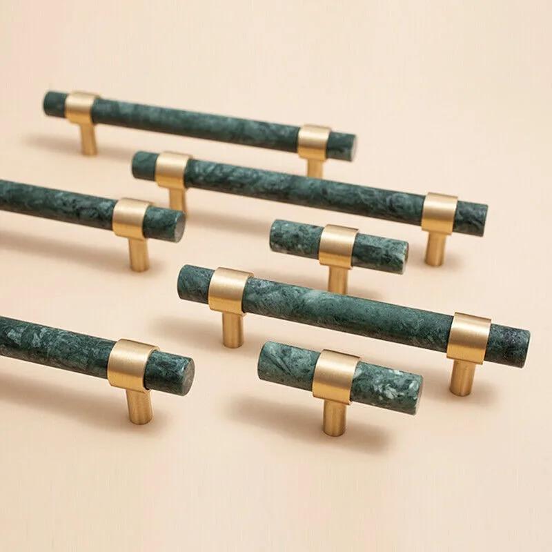 Natural Marble + Brass T Bar Cabinet Handle and Knobs Kitchen Cupboard Door Pulls Furniture Handle Dresser Knob Hardware 1pc