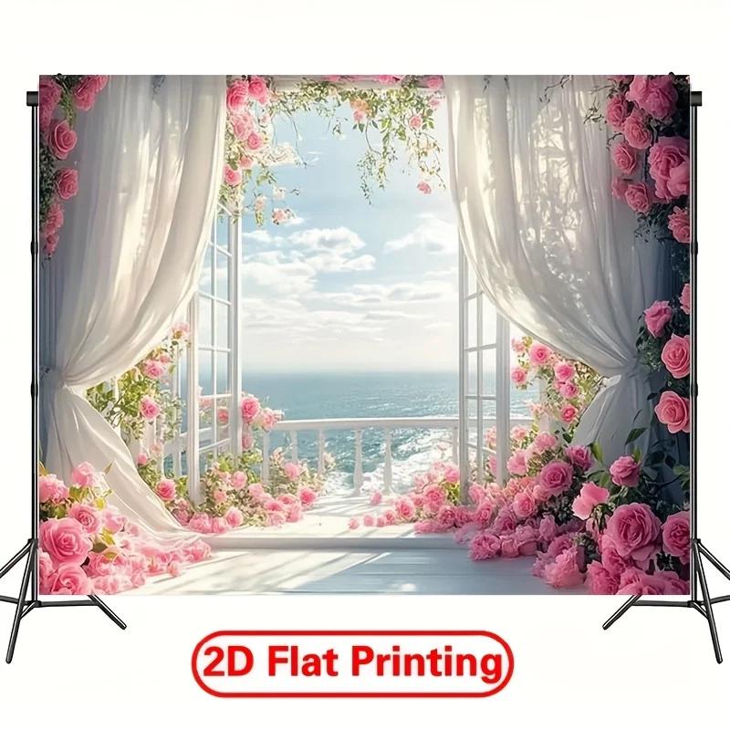 2D Flat 1pc Spring Rose Castle Window Scene Polyester Background - Indoor and Outdoor Party and Festival Decoration