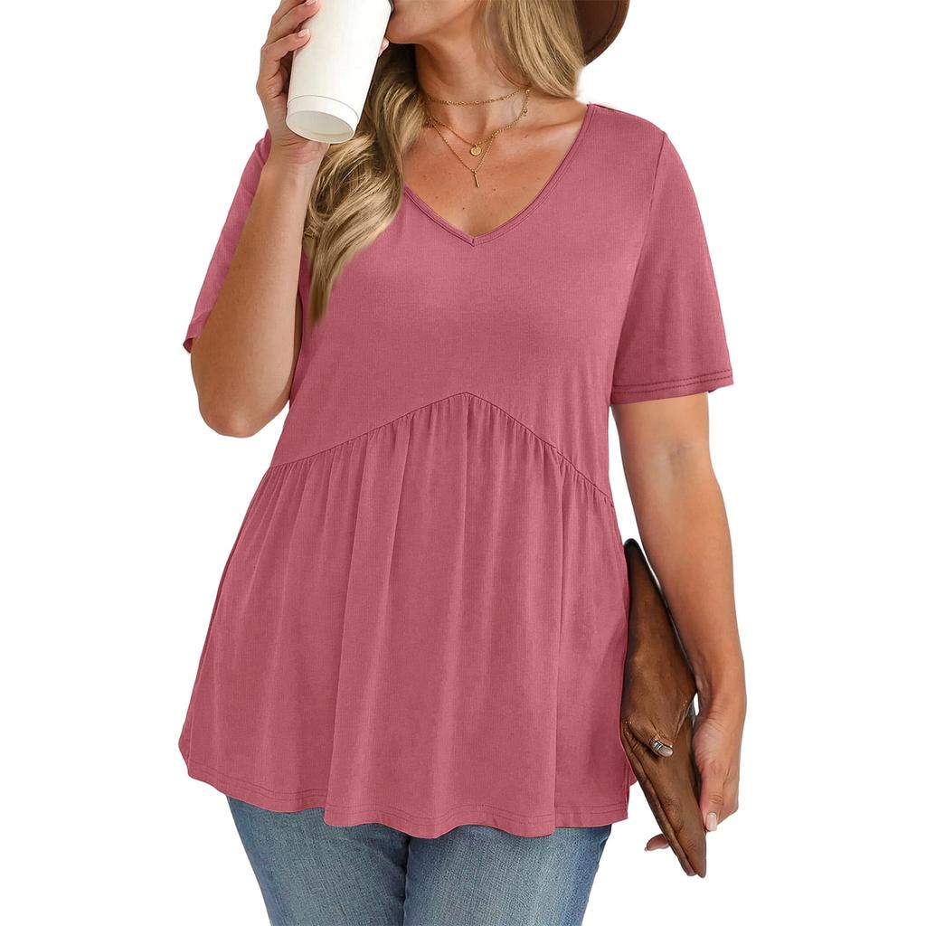 Women's Plus Size Fashionable Casual Loose-Fit V-Neck Short-Sleeve Top
