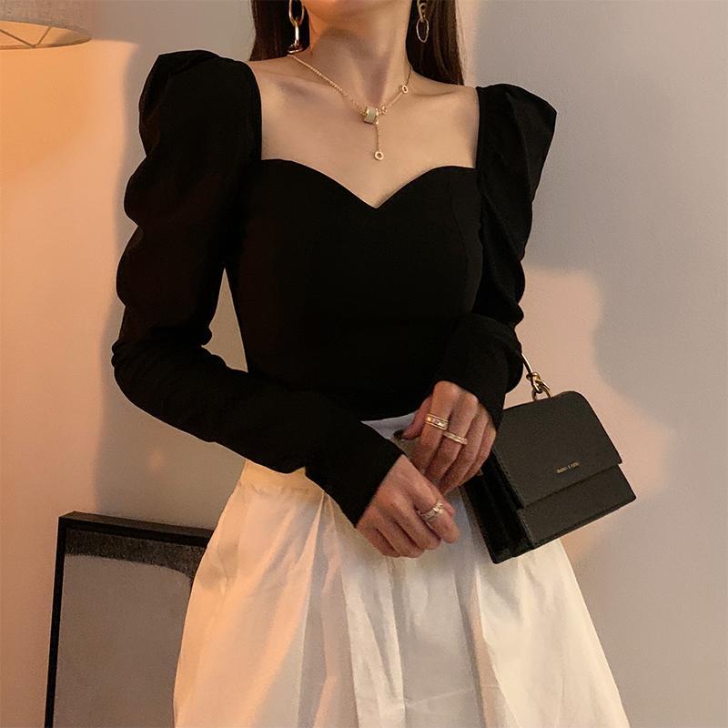 Vintage Square Collar Puff Sleeve Women Blouse Black Sexy Elegant Temperament Long Sleeve Top Spicy Girl V-neck Casual Ssummer