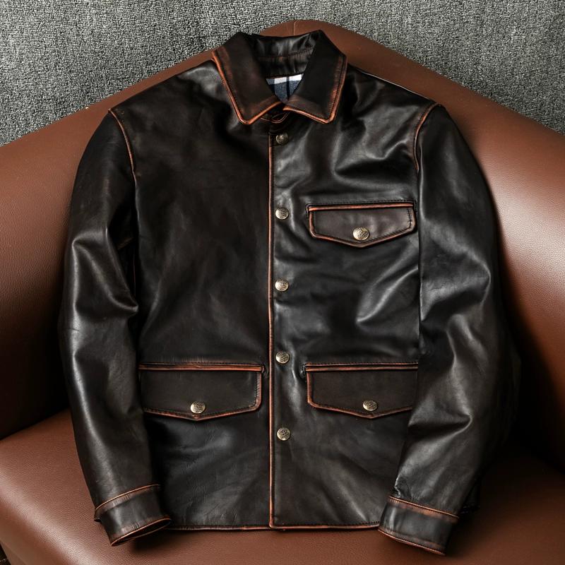 Vintage Hand Rubbed Tea Core Horsehide Leather Jacket Men Slim Fit Dispatcher Casual Coat