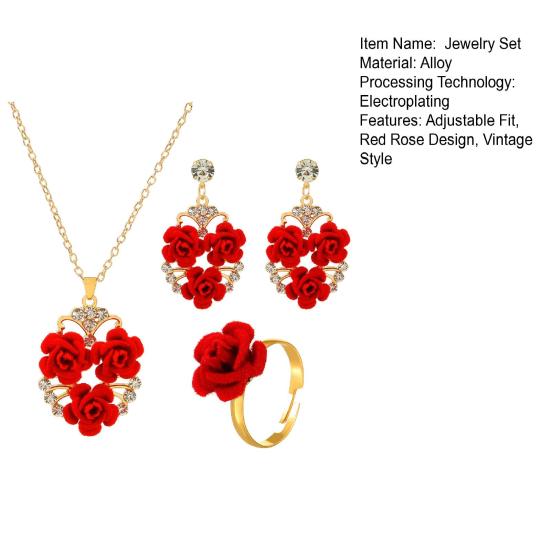 1 Set Red Rose Wedding Jewelry Brides Bridesmaids Vintage Necklace Earrings Open Ring Set Rose Rhinestone Jewelry Set Gift