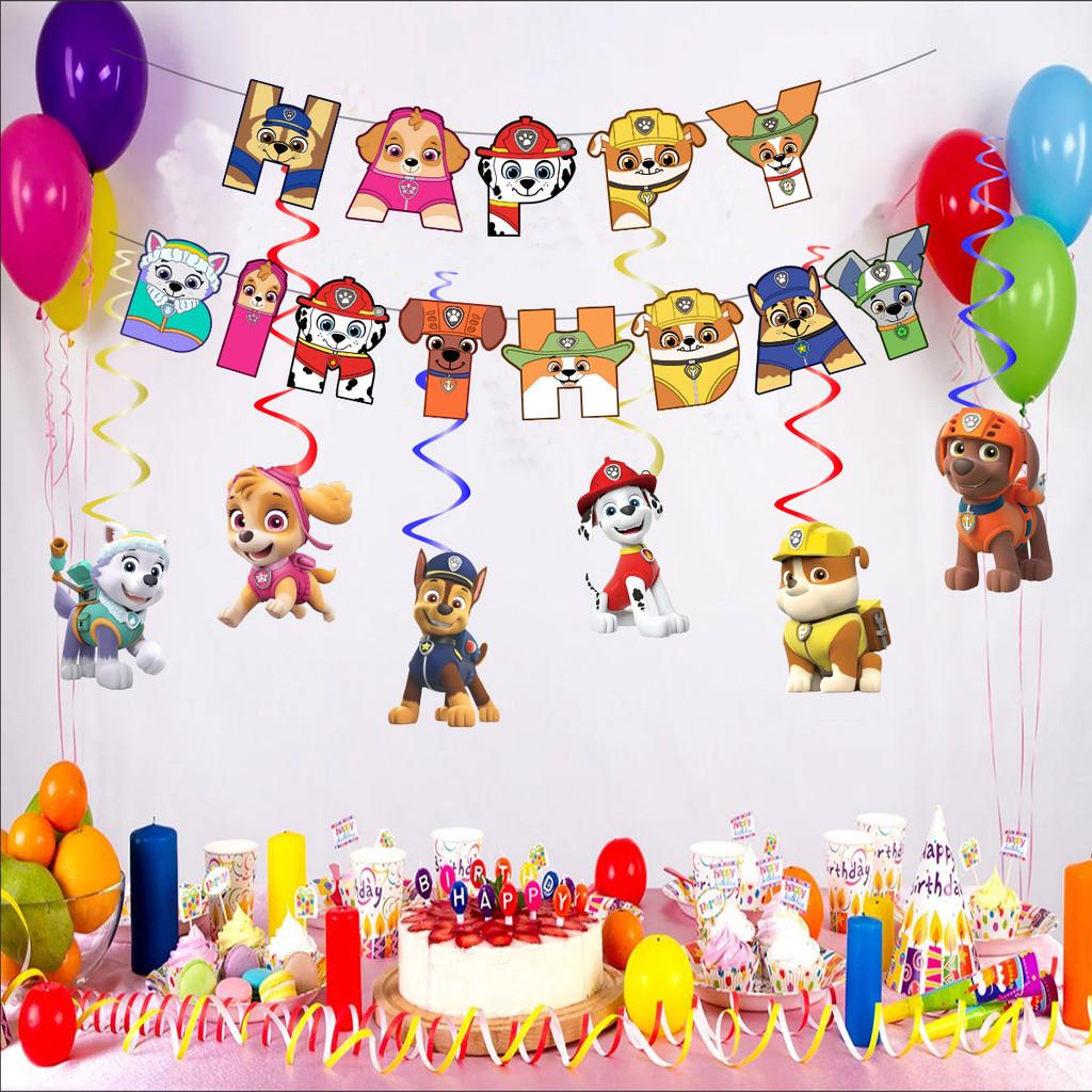 Bannière de fête d'anniversaire et ensemble de décorations spirales sur le thème de la Pat' Patrouille pour chiens