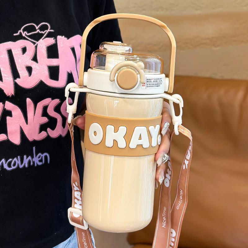 Girls' Stylish 316 Stainless Steel Thermos Cup with Straw & Crossbody Strap, Dual-Opening, 2023 Model