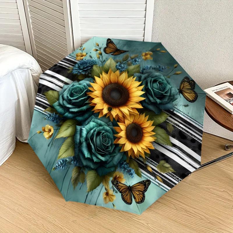 1pc Sunflower Bouquet with Butterflies Umbrella with Plastic Handle,Suitable for All Seasons Home Travel Outdoor UmbrellaDD1776