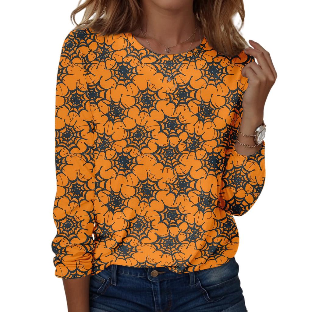 Women's Casual Long Sleeve Pullover Sweatshirt Halloween Pumpkin Print Round Neck Top Lightweight Comfortable Fit