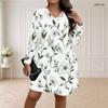 Women Plus Size V Neck Long Sleeve Floral Printed White Loose Curved Hem Dress