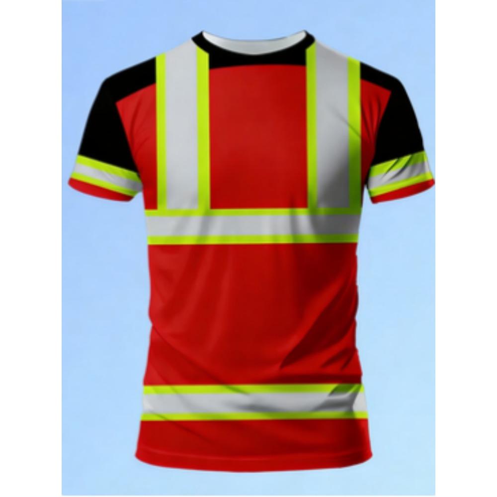 Men's 3D Printed New Safety Sign Color-Block Design Short Sleeve Fashionable Summer Casual
