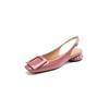 Fashion Summer Women Sandals Patent Leather Shoes for Women Square Toe Chunky Heel Shoes Sweet Cover Toe Slingback Sandals Buckle Shoes