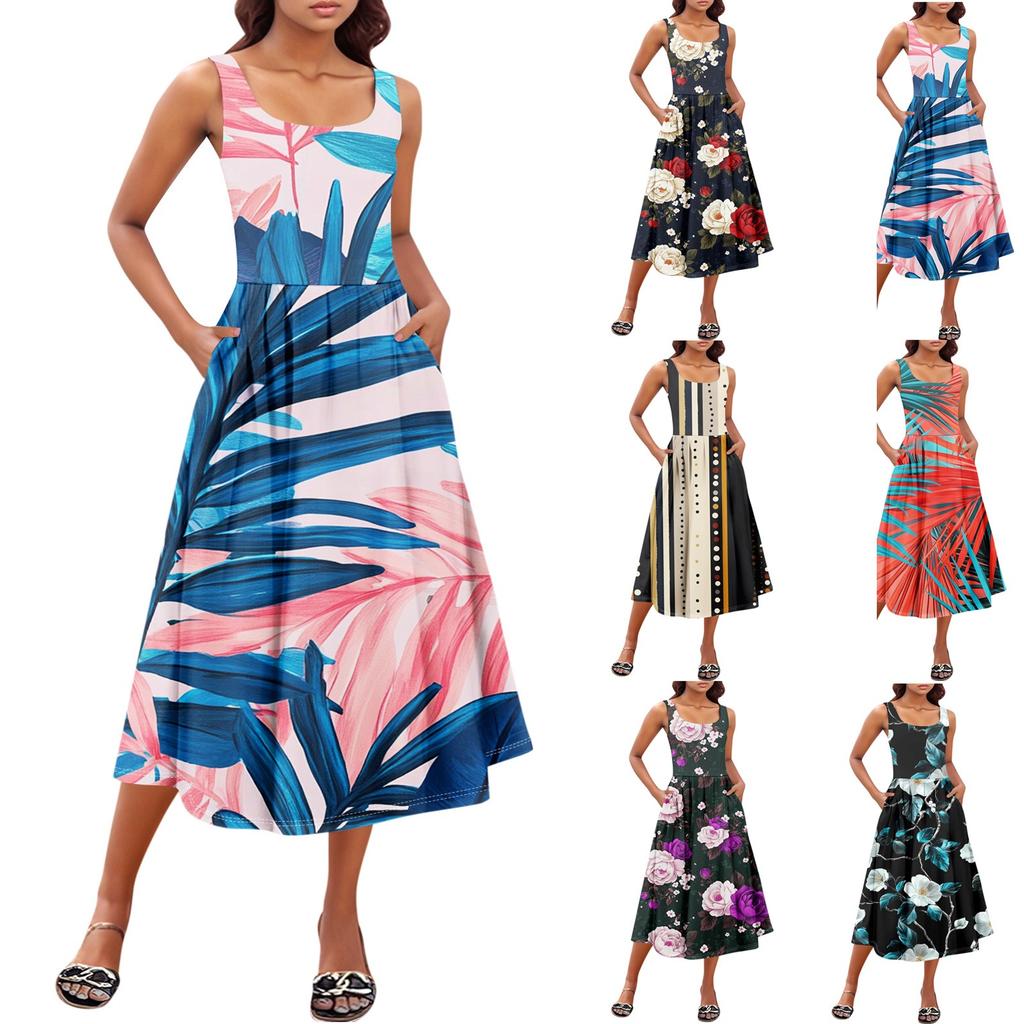 Dámské Léto Jaro Ležérní Květinové Sundress Bez rukávů Plážová Dovolená Splývavé Boho Tank Midi Šaty