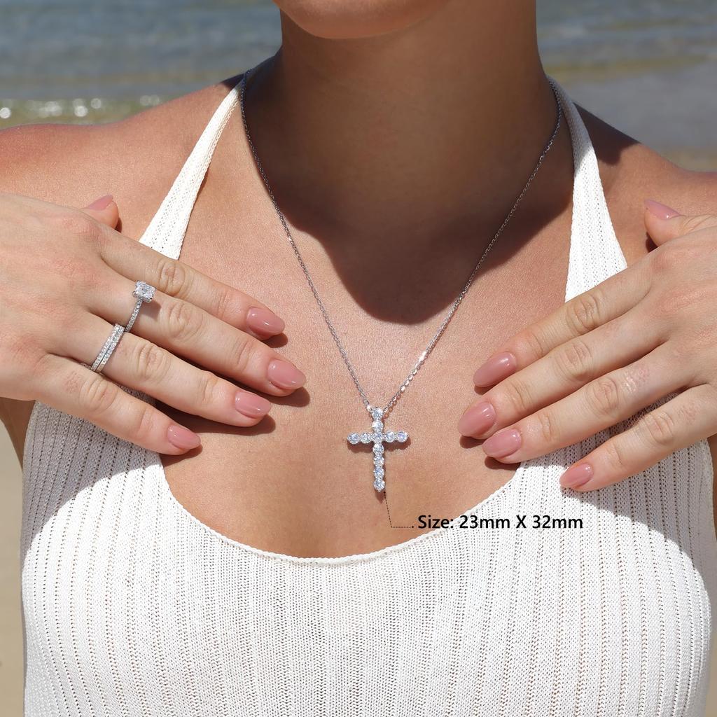 [KRKC] Cross Necklace: Birthday Gift, Moissanite/Zirconia, 925 Sterling Silver, Hypoallergenic, Silver/Gold Couple Necklace with Slide Chain, Adjustab