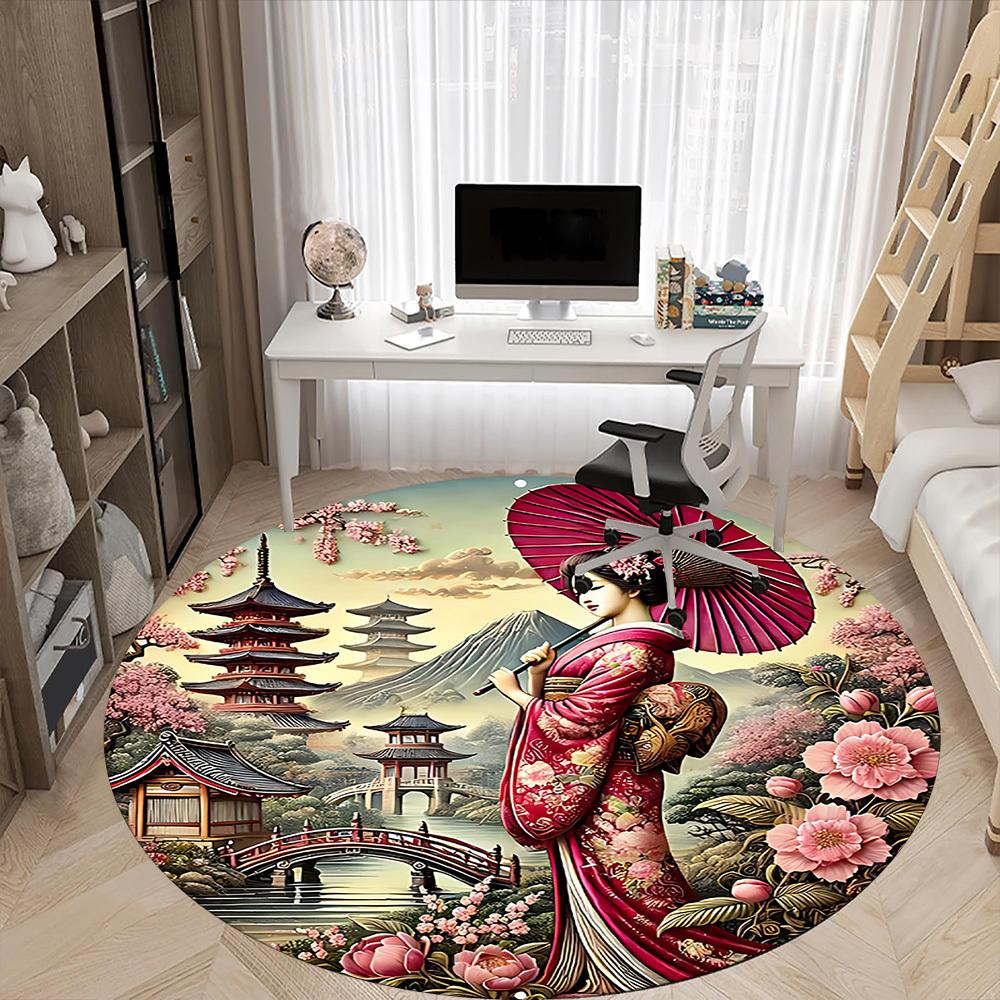 1PCGeisha Blossoms Office Round Area Rug,  Mat Suitable For Office, Under Office Chairs Bedroom Living Room Home Decor, Room Deco