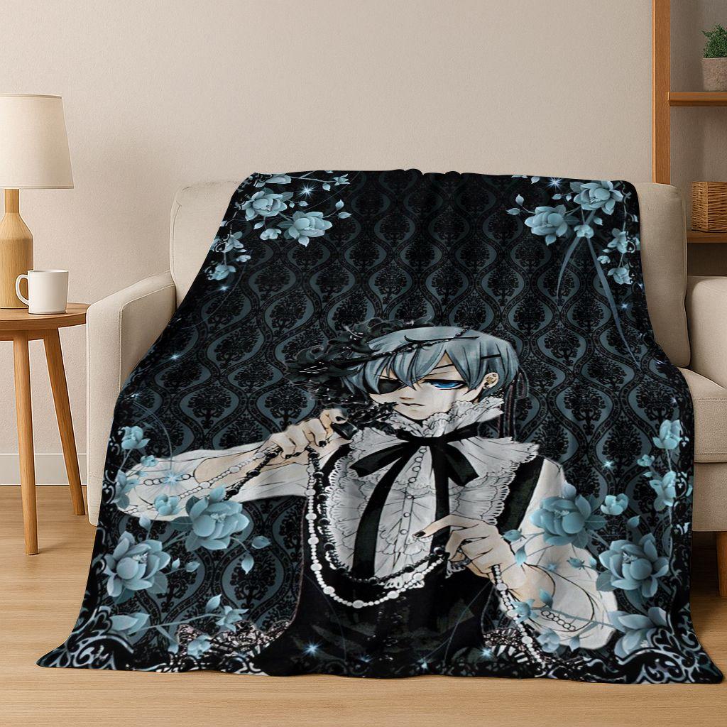 Anime Black Butler Sebastian Ciel Cartoon Cartoon Flannel Blanket,Cozy Soft Throw Blanket for Home Bedroom Bed Sofa Cover Kids