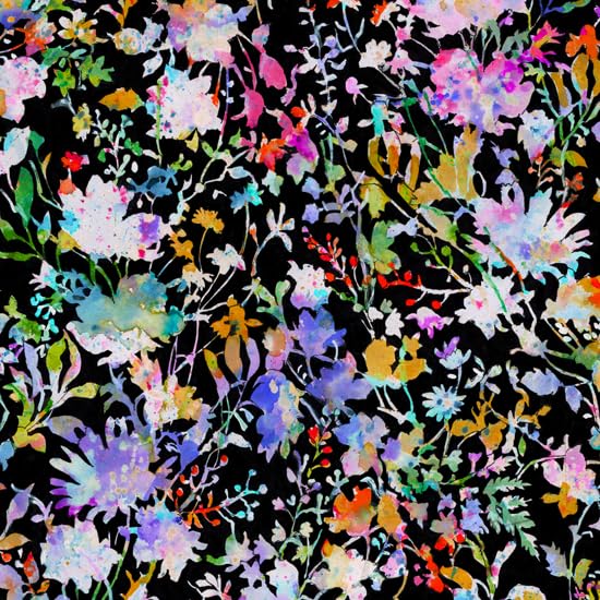 Geometric Floral and Botanical Sheeting Made in Size 22B 110cm x nora. FR1054-C Watercolor-Inspired Fabric, Cotton, Japan, Pre-Cut, (Black, 100cm)
